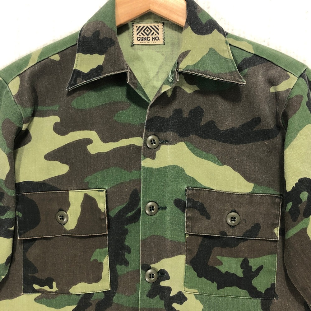 Vtg GUNG HO Woodland Camo Jacket Made in USA Military Style Fatigue‎ Shirt